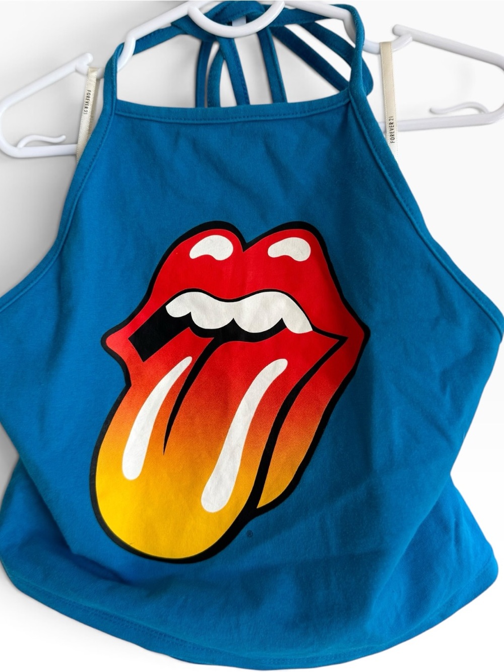 The Roling Stones Turquoise Halter Tank with Red-Orange Tongue Graphic.